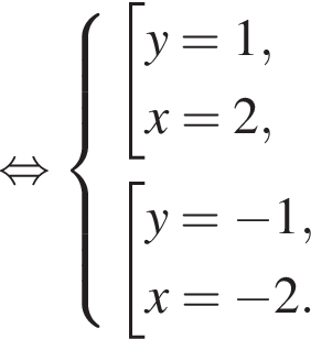 равносильно система выражений совокупность выражений y=1,x=2, конец системы . совокупность выражений y= минус 1,x= минус 2. конец совокупности . конец совокупности .