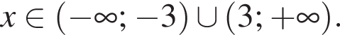 x при­над­ле­жит левая круг­лая скоб­ка минус бес­ко­неч­ность ; минус 3 пра­вая круг­лая скоб­ка \cup левая круг­лая скоб­ка 3; плюс бес­ко­неч­ность пра­вая круг­лая скоб­ка .